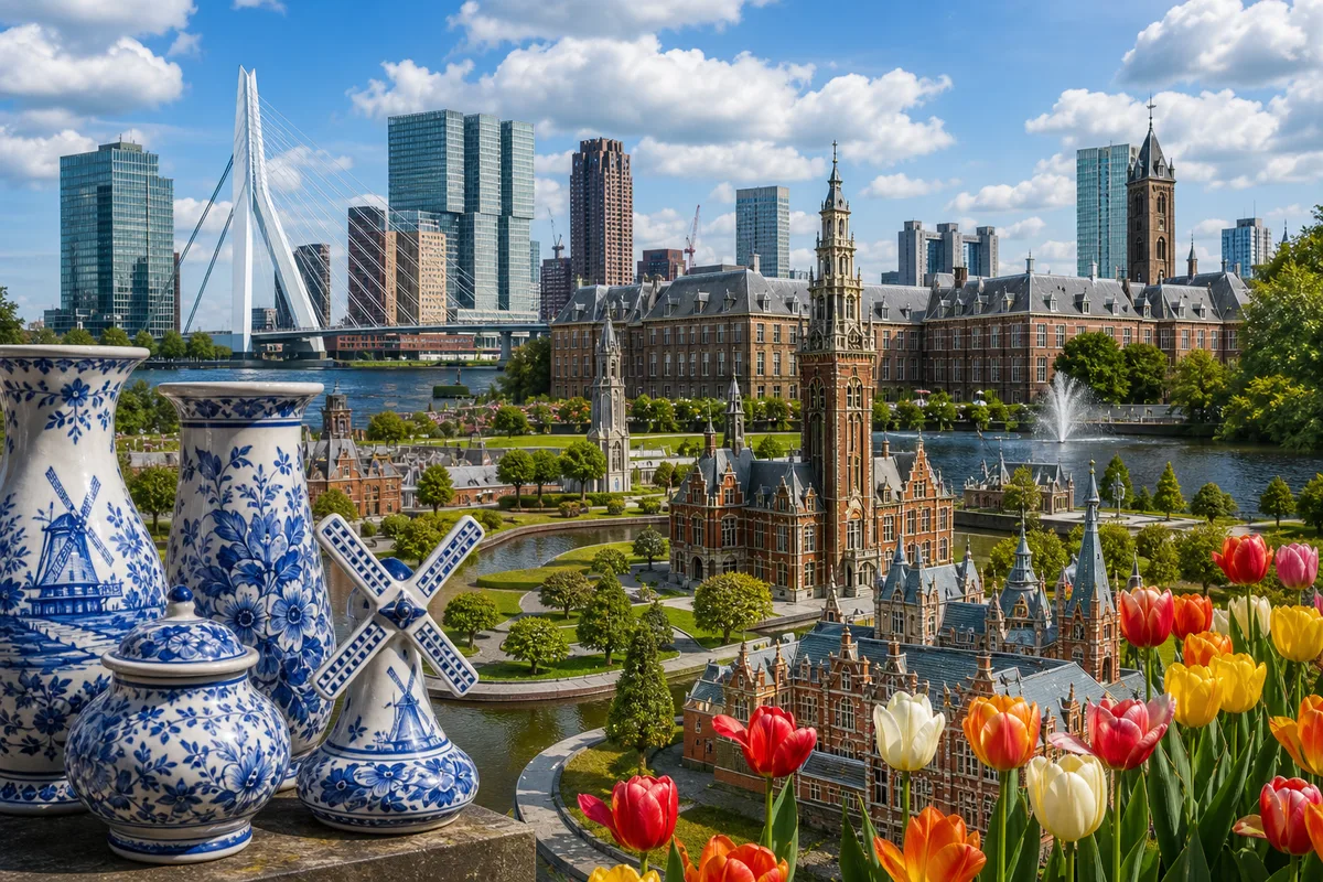 Rotterdam skyline, Delft blue and South Holland landmarks
