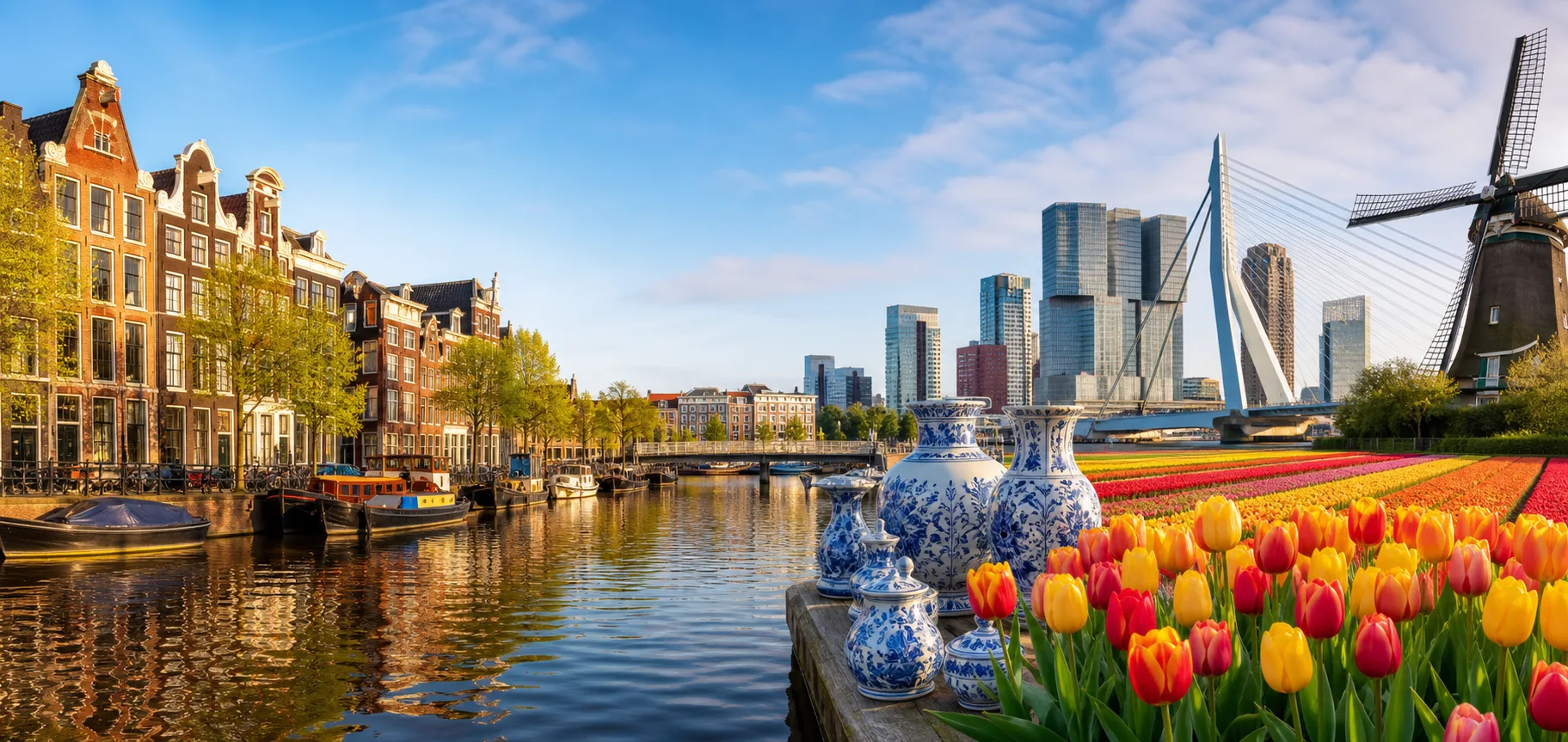 Colorful Netherlands scene with canals, tulips, Delft blue and Dutch architecture