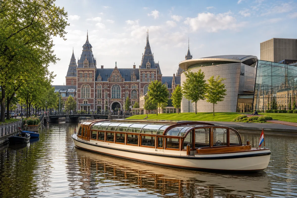 Amsterdam canal boat and museum district atmosphere