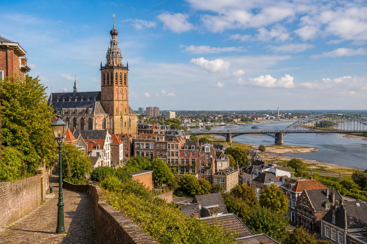 Historic Nijmegen riverside city view