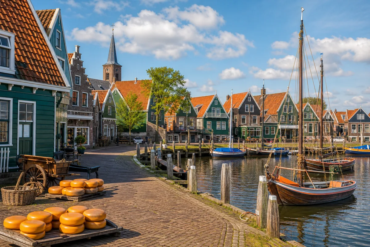 Traditional harbor village with Dutch houses and boats